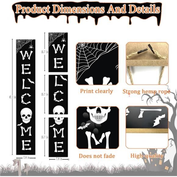 Halloween Welcome Sign Skull Front Door Hanging Decor Wooden Vertical Indoor - Picture 3 of 8